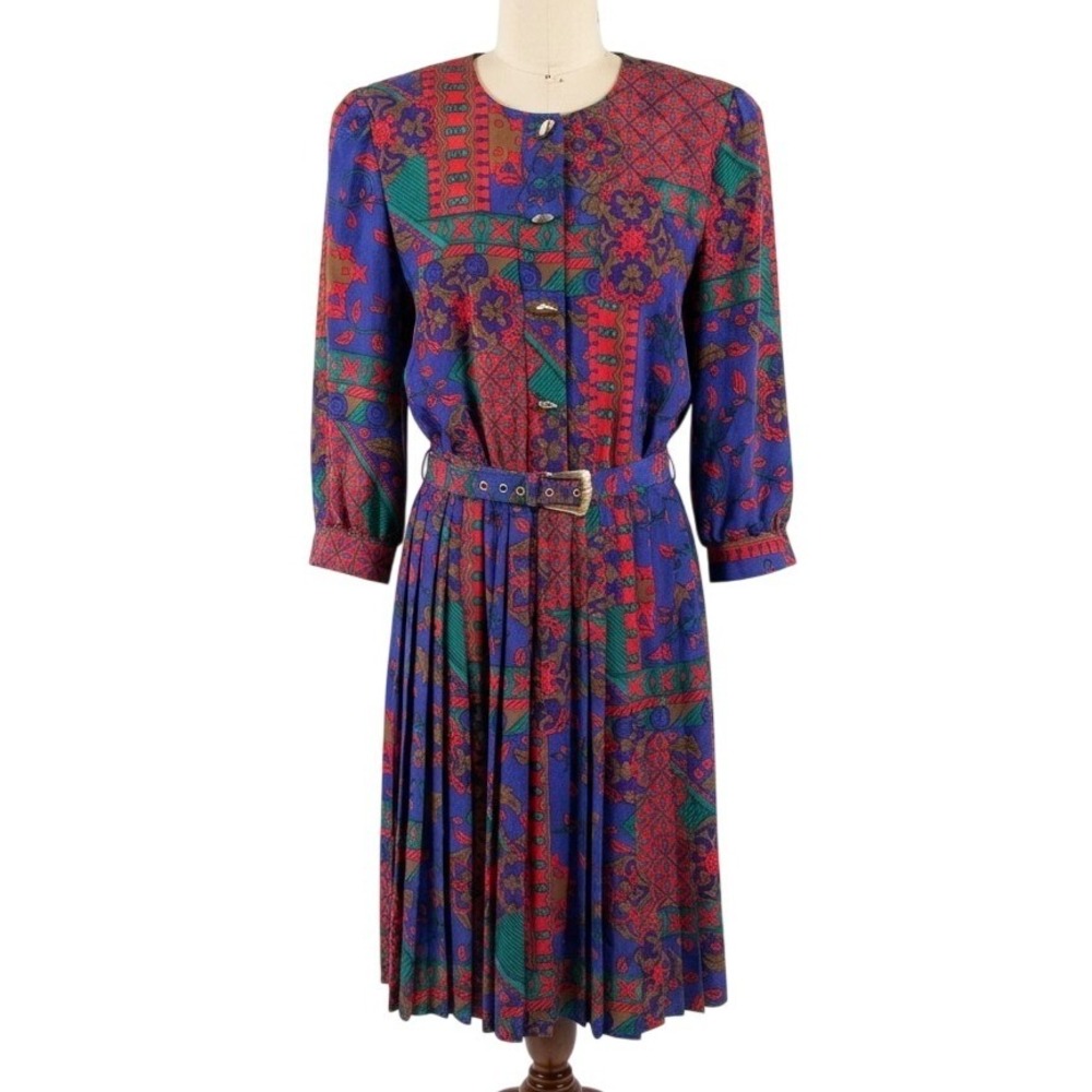 Vintage 80s Lady Carol Petites Dress Womens 10 Paisley Pleated Belted Midi